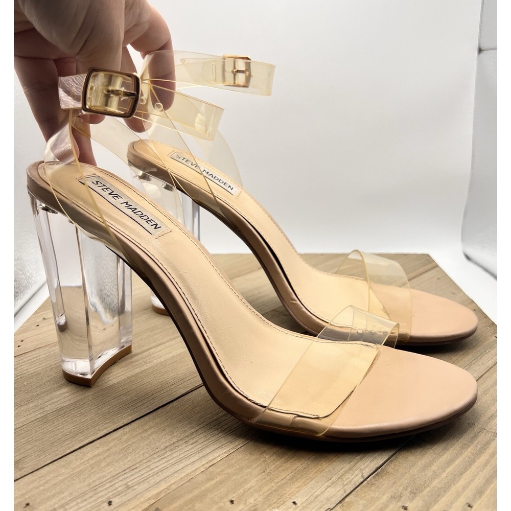 Steve Madden Camille Size 10 Strappy Lucite Block Heel Sandals Square Toe